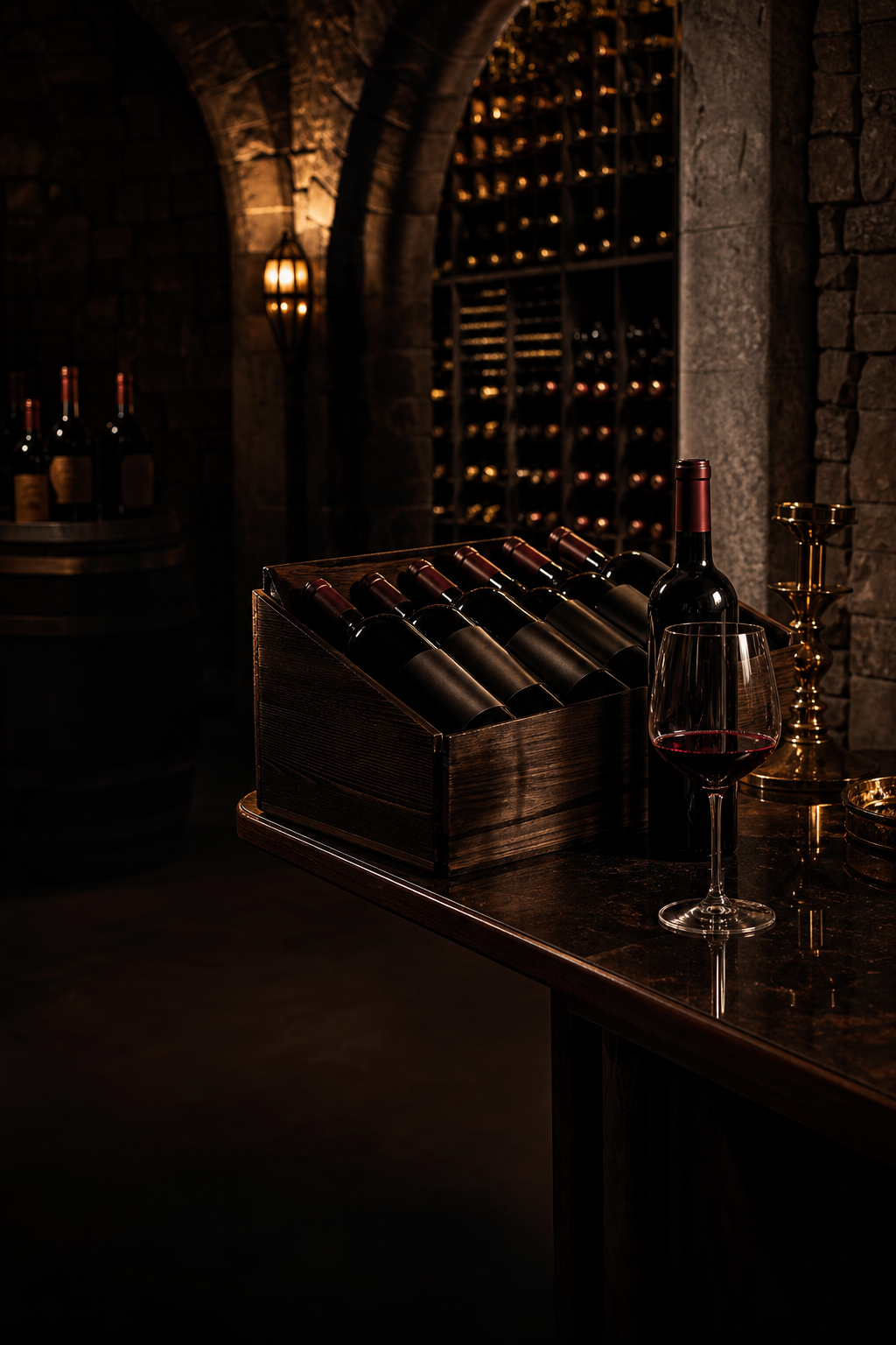 Private wine cellar with premium red wine bottles