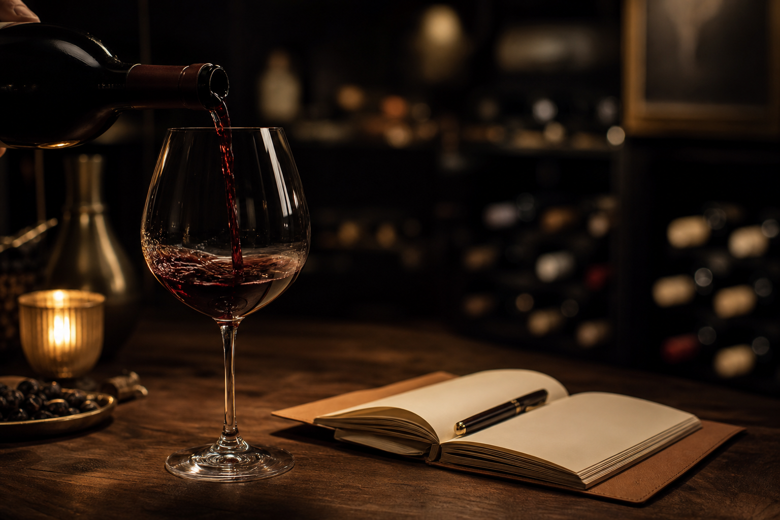 Red wine being poured beside a tasting notebook
